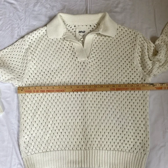 Aerie Women's Boho Coastal Creamy White 100% Cotton Open Knit Polo Sweater MD - Picture 9 of 16